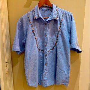 Denim short sleeve embroidered button down